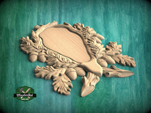 Load image into Gallery viewer, Wooden Medallion Onlay, Rustic Oak and Acorn Design, Wood Onlay with Acorn Motif, 1 pc, Unpainted, Home Wall Embellishments, wooden trims
