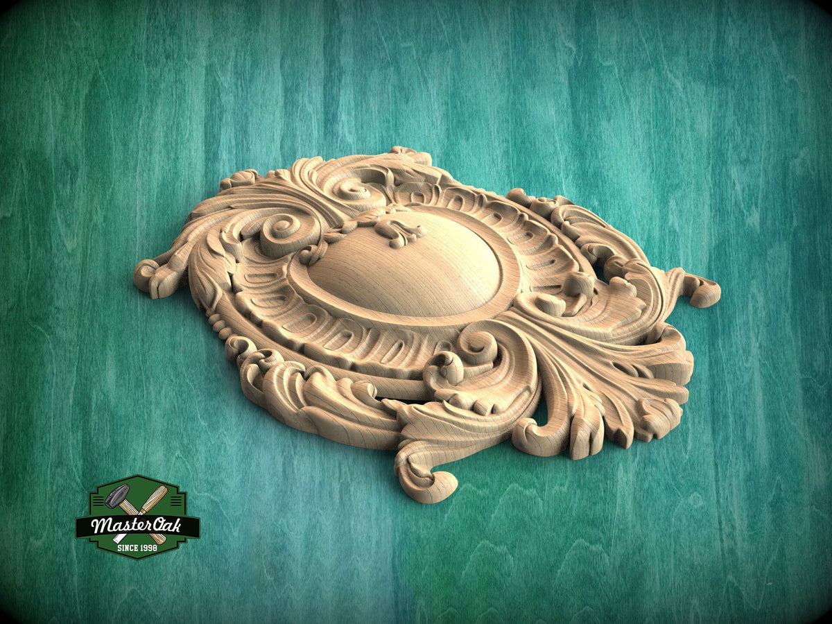Classic Wooden Shield Onlay, Artisanal Baroque Flourishes for Prestigious Interiors, 1 pc, Unpainted, Home Wall Embellishments, wooden trims