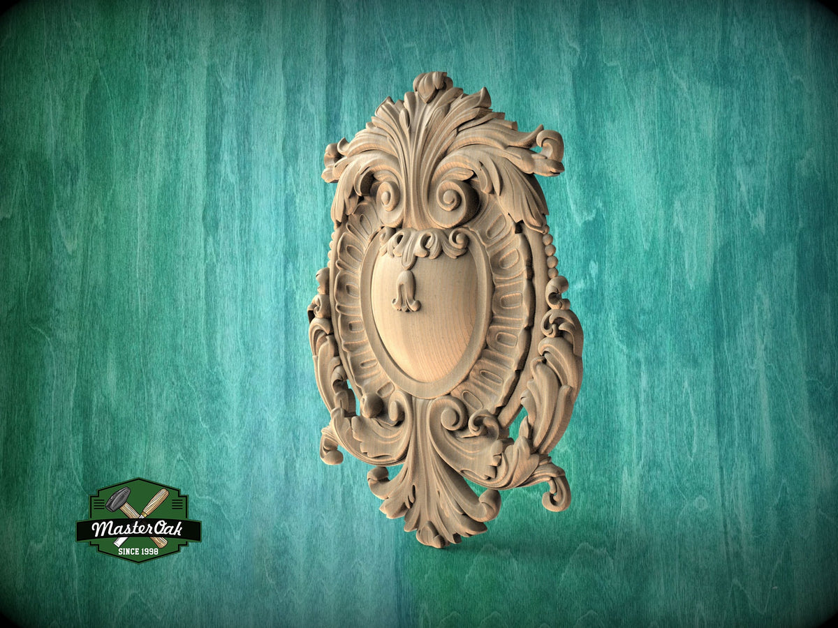 Classic Wooden Shield Onlay, Artisanal Baroque Flourishes for Prestigious Interiors, 1 pc, Unpainted, Home Wall Embellishments, wooden trims