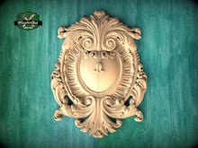 Load image into Gallery viewer, Classic Wooden Shield Onlay, Artisanal Baroque Flourishes for Prestigious Interiors, 1 pc, Unpainted, Home Wall Embellishments, wooden trims
