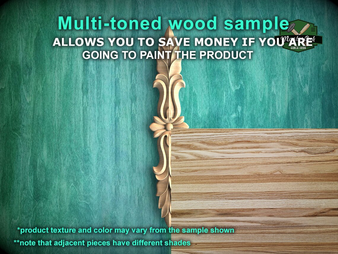 Vertical Wooden Applique with Leaf and Scroll Design, Interior decor appliques, 1pc, Unpainted, Furniture Carving, Wood Onlay