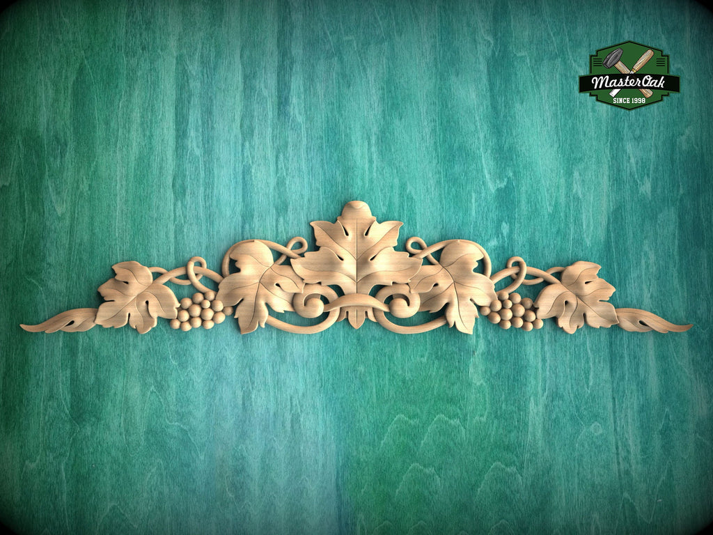 Artisanal Grapevine Carved Wood Onlay, Refined Dining Room Embellishment, 1pc, Unpainted, horizontal decor, carved decoration of wood