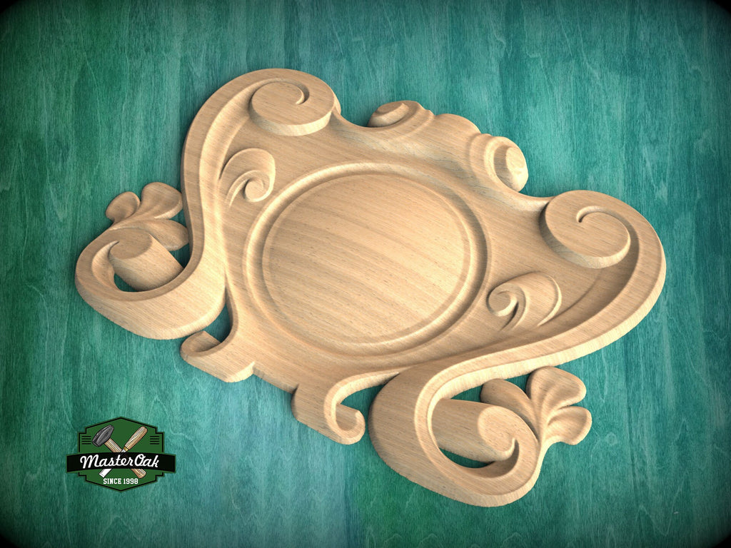 Elegant Carved Onlay, Central Wooden Cartouche for Luxury Decor, 1 pc, Unpainted, Home Wall Embellishments, wooden trims