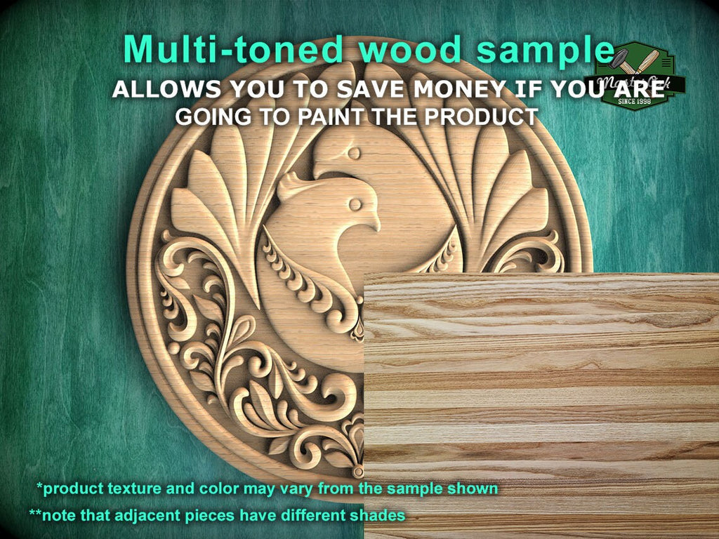 Majestic Peafowl: Regal Round Carved Wooden Rosette, 1 pc, Unpainted, Decorative Rosettes, Home Wall Embellishments, Round Wooden Onlays
