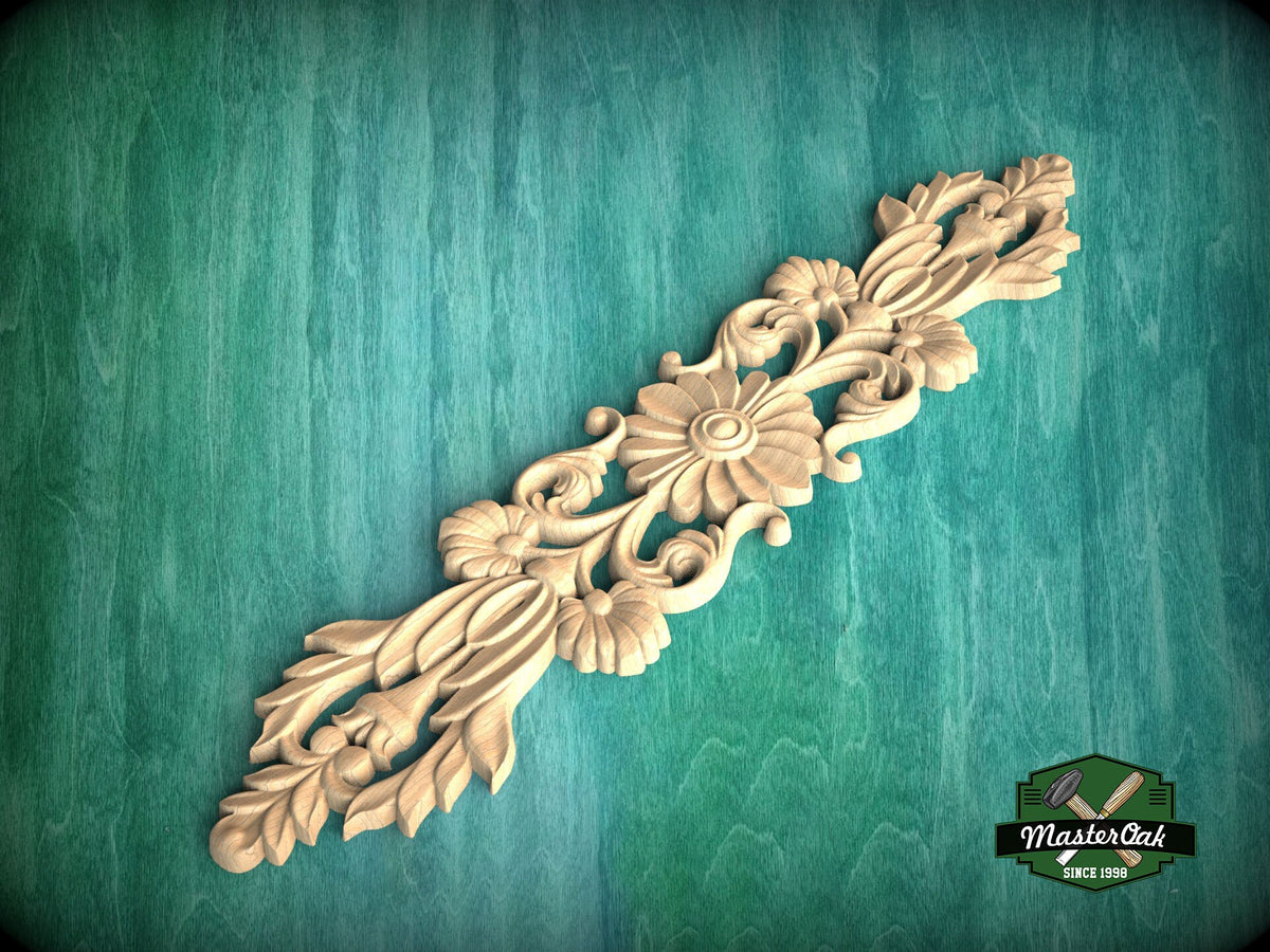 Vertical Carved Roses Wooden Applique, Romantic Floral Decor, Unfinished, 1pc,  Furniture Carving, Wood Onlay