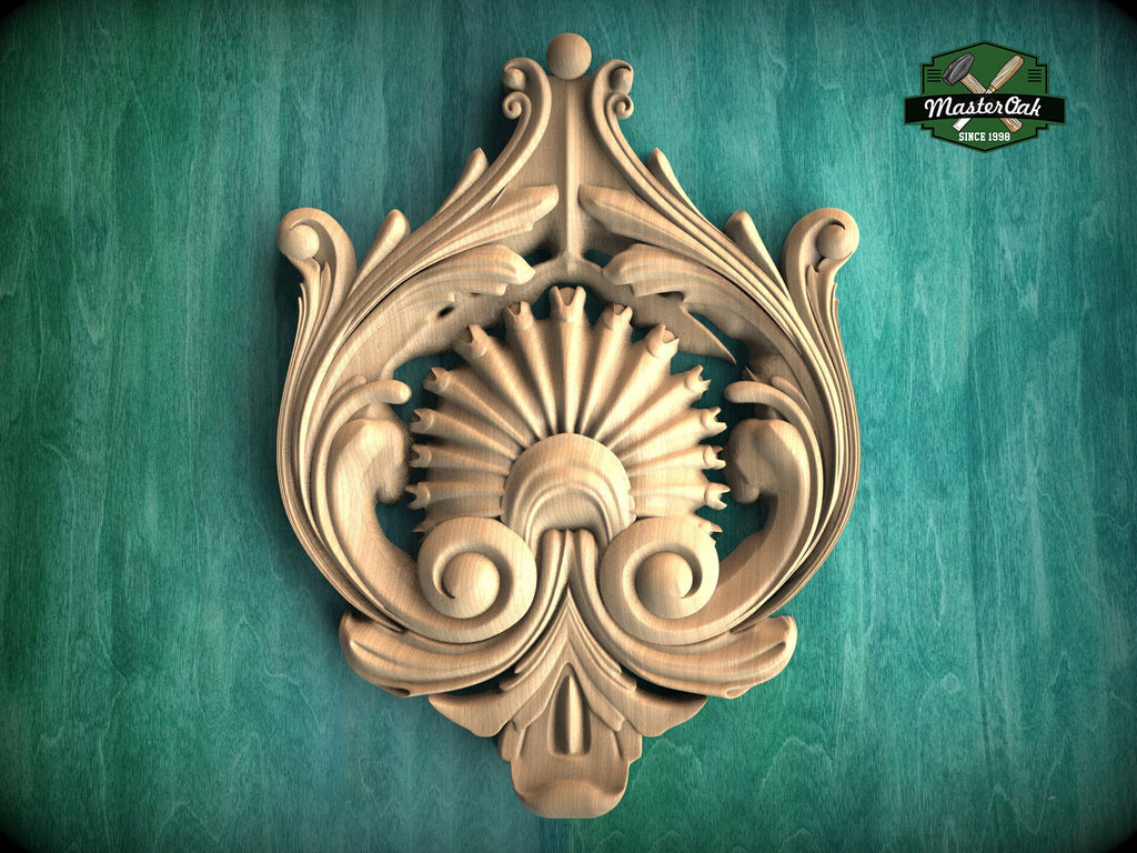 Sunburst Central Wooden Onlay with Elegant Scrollwork, 1 pc, Unpainted, Home Wall Embellishments, wooden trims