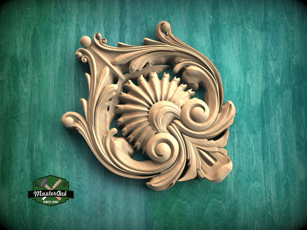 Sunburst Central Wooden Onlay with Elegant Scrollwork, 1 pc, Unpainted, Home Wall Embellishments, wooden trims