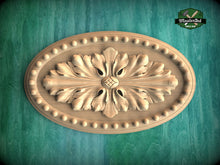 Load image into Gallery viewer, Classic Floral Carved Wooden Rosette with Beaded Edge, 1pc, Unpainted, Carved Onlay, Wooden Rosette, Applique furniture decor
