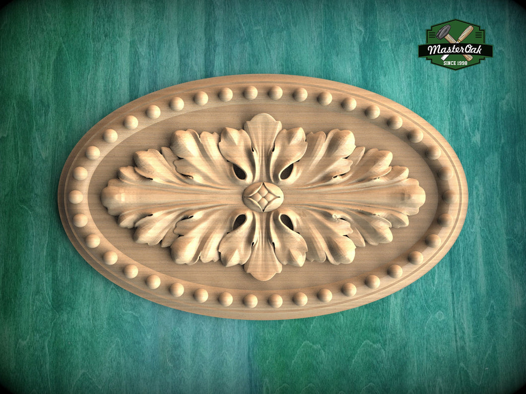 Classic Floral Carved Wooden Rosette with Beaded Edge, 1pc, Unpainted, Carved Onlay, Wooden Rosette, Applique furniture decor