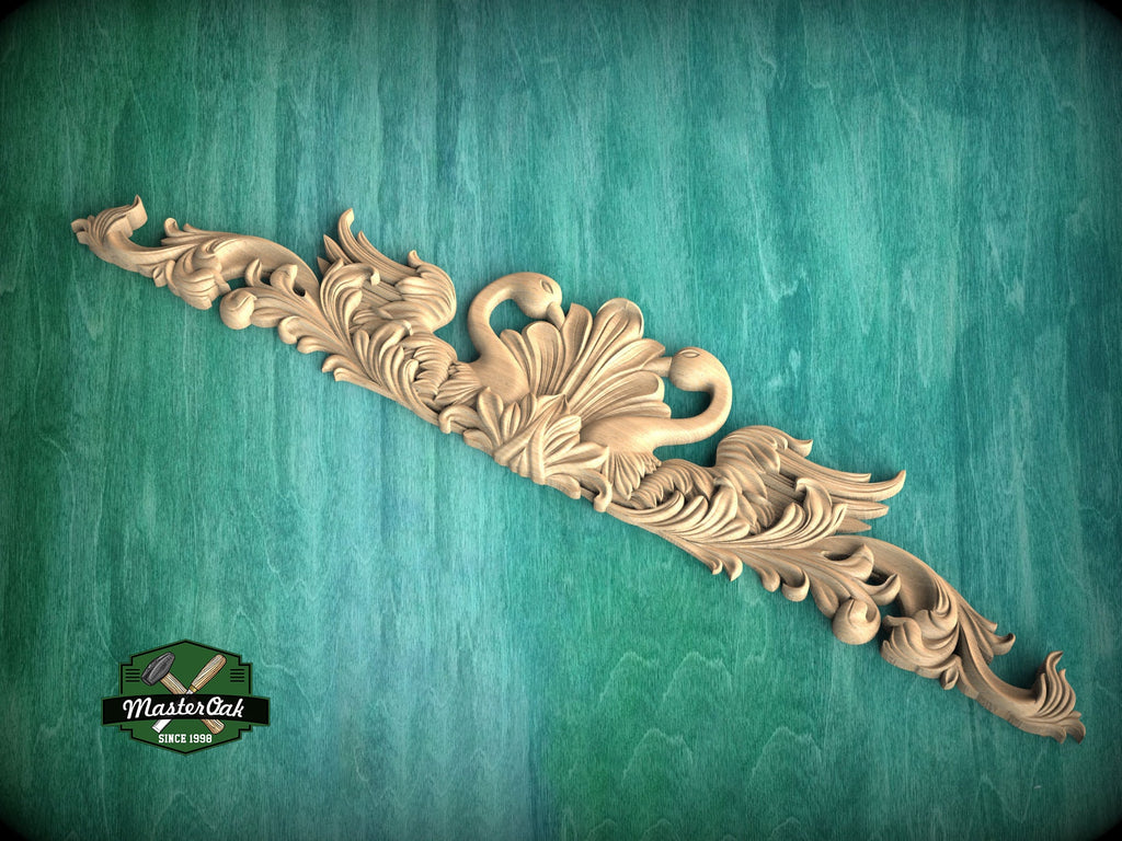 Romantic Swans Wood Carving, Symmetrical Love Design, 1pc, Unpainted, horizontal decor, carved decoration of wood, wooden onlay