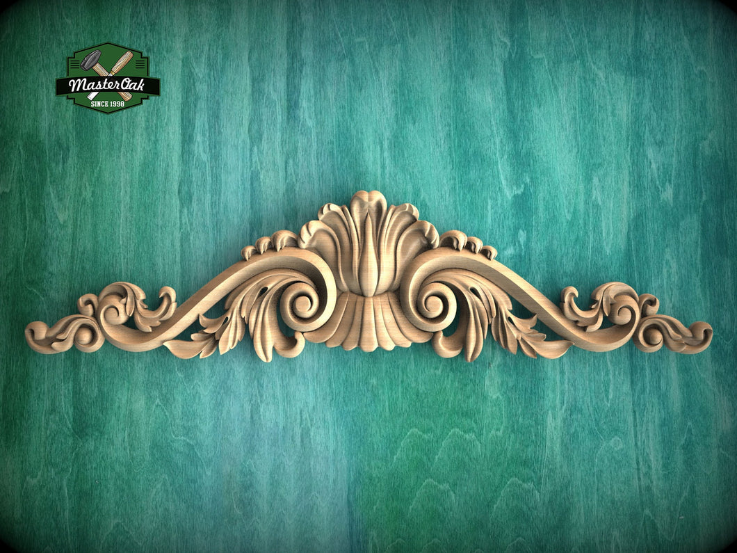 Traditional Acanthus Sweep Wooden Decorative Onlay, Wooden Carved Horizontal Furniture Applique Onlay, 1pc, Unfinished, Furniture Carving