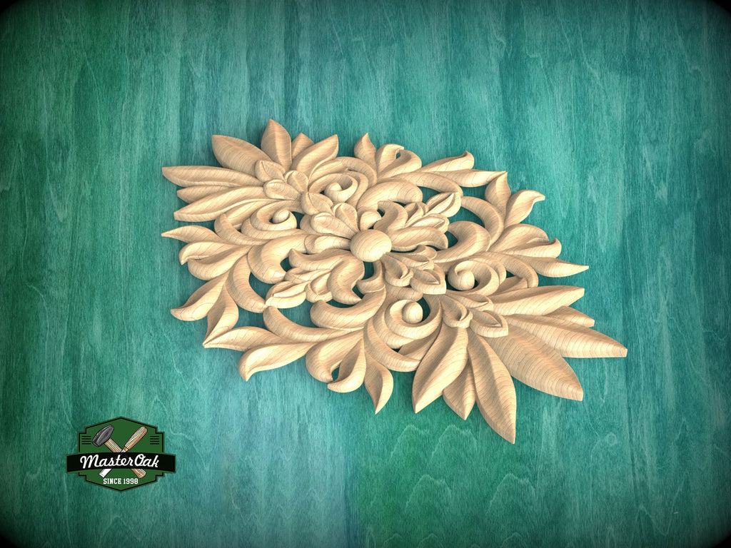 Elegant Floral Symphony Carved Wood Onlay, Natural Wood Pattern, 1 pc, Unpainted, Home Wall Embellishments, wooden trims