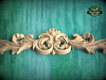 Load image into Gallery viewer, Openwork Floral Wood Applique for Interiors, Graceful Swirl Horizontal Wood Onlay, 1pc, Unpainted, Carved Wood Applique for Fireplace Mantel
