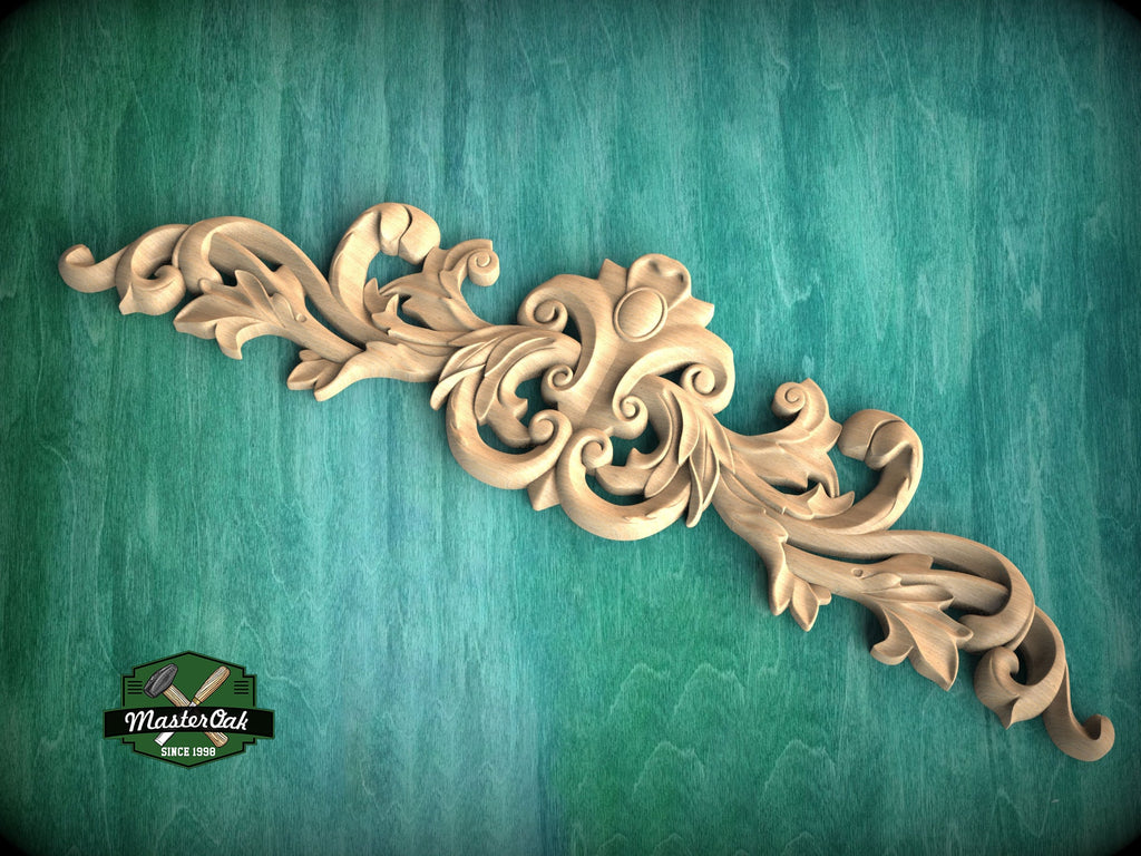 Openwork Floral Wood Applique for Interiors, Graceful Swirl Horizontal Wood Onlay, 1pc, Unpainted, Carved Wood Applique for Fireplace Mantel