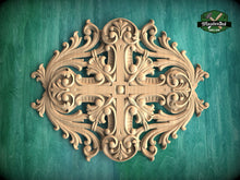 Load image into Gallery viewer, Elegant Acanthus and Cross Wood Carving, Ornamental Wood Aplique with Renaissance Inspired  Design, Unpainted, 1pc, Home Wall Embellishments
