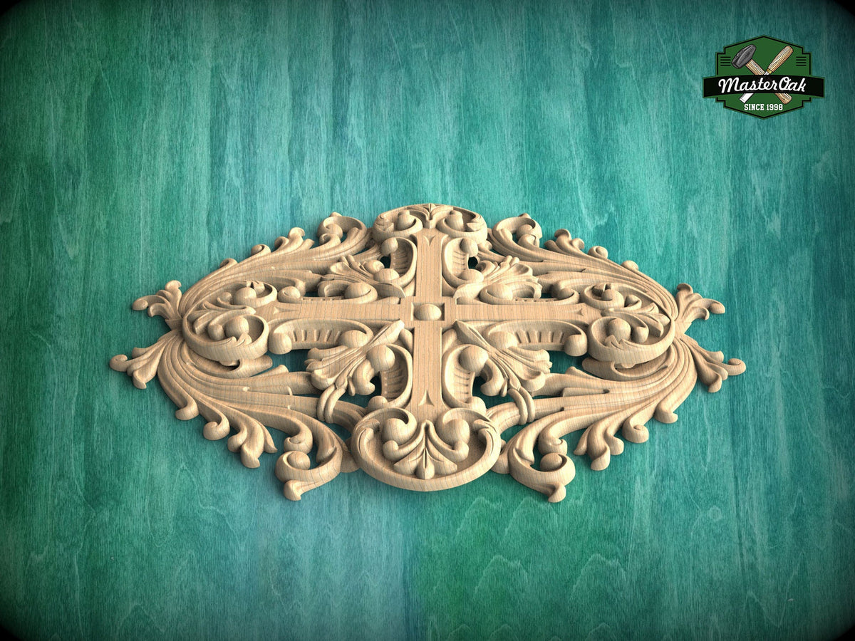 Elegant Acanthus and Cross Wood Carving, Ornamental Wood Aplique with Renaissance Inspired  Design, Unpainted, 1pc, Home Wall Embellishments
