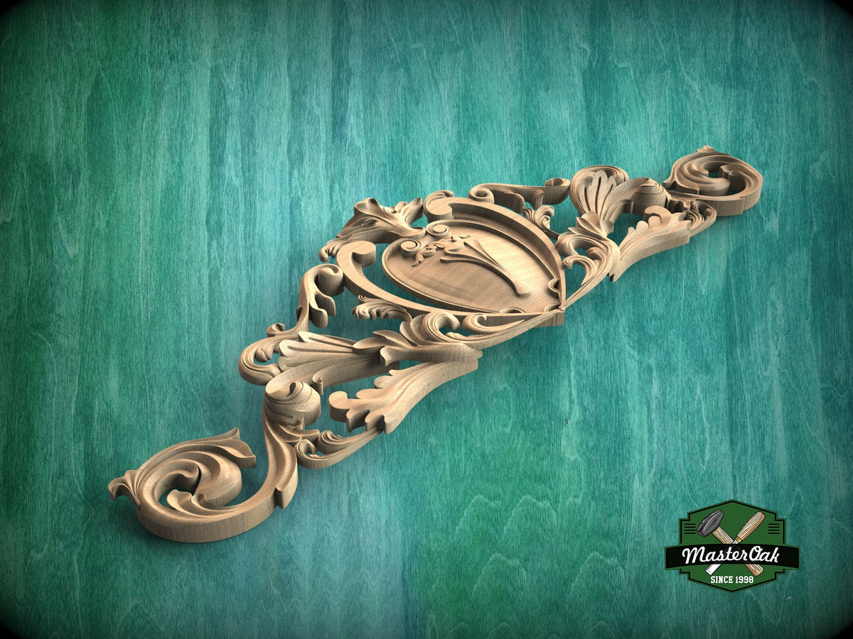 Baroque Style Carved Wood Onlay with Cartouche, Ornate Wood Crest Onlay Accent, Furniture Carving, Wood Onlay, 1pc, Unpainted