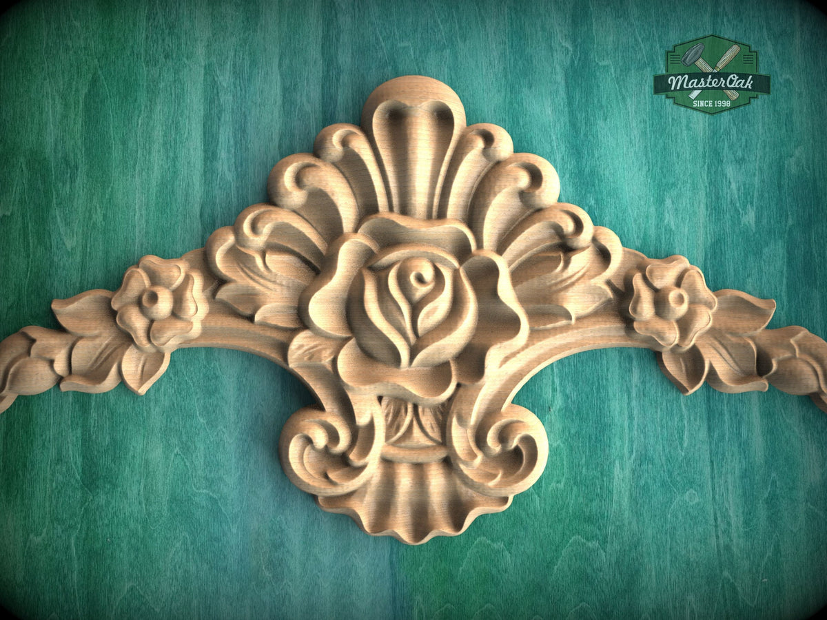 Floral Wood Applique with Rose Design -Vintage-Style Onlay, 1pc, Unpainted, Furniture Carving, Wood Onlay