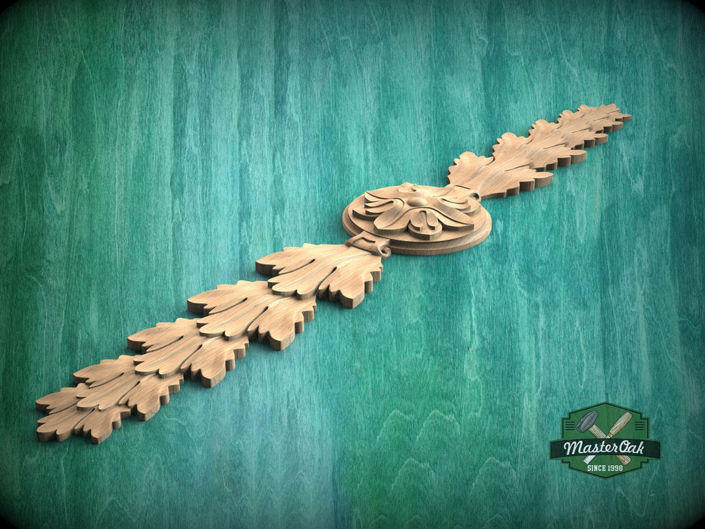 Classic Carved Wood Oak Leaf Applique - Horizontal Trim Accent, 1pc, Unfinished, Home Wall Embellishments, Furniture Carving, Wood Onlay