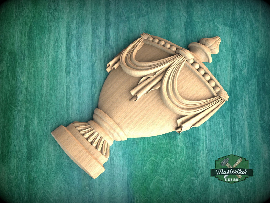 Classic Carved Urn Wood Applique - Elegant Vase Onlay, 1 pc, Unpainted, Home Wall Embellishments, Furniture Carving, Wood Onlays