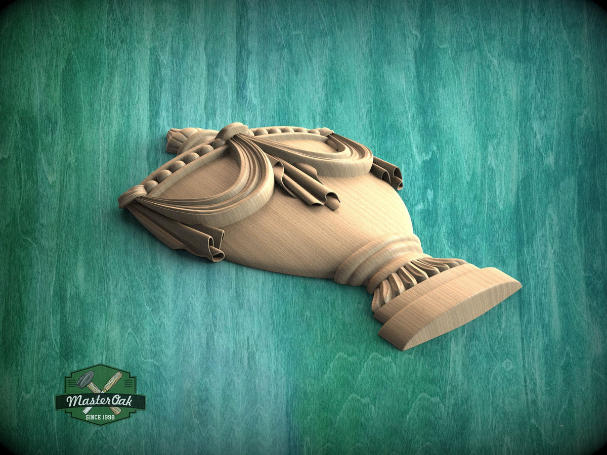 Classic Carved Urn Wood Applique - Elegant Vase Onlay, 1 pc, Unpainted, Home Wall Embellishments, Furniture Carving, Wood Onlays