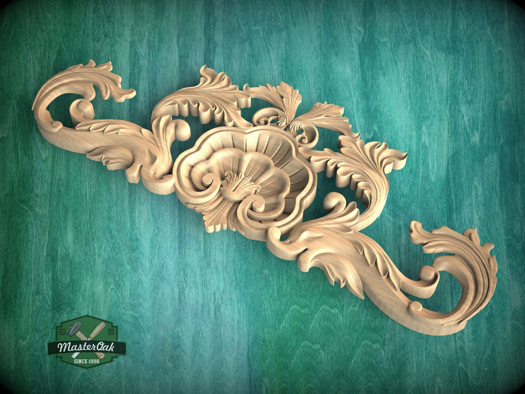 Acanthus Elegance Wood Onlay, Timeless Floral Wood Carving, Unpainted, 1pc, Home Wall Embellishments, Furniture Carving, Ornamental Woodwork