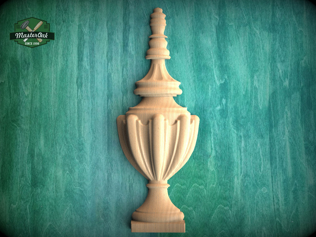 Elegant Carved Wood Finial Onlay, Vertical Urn Motif Wood Applique, Furniture Carving, Wood Onlay, 1pc, Unpainted